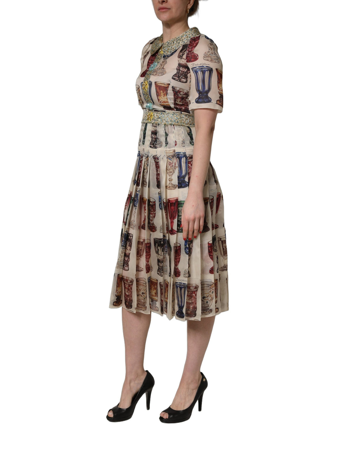 Dolce & Gabbana Multicolor Vintage Glassware Midi Dress