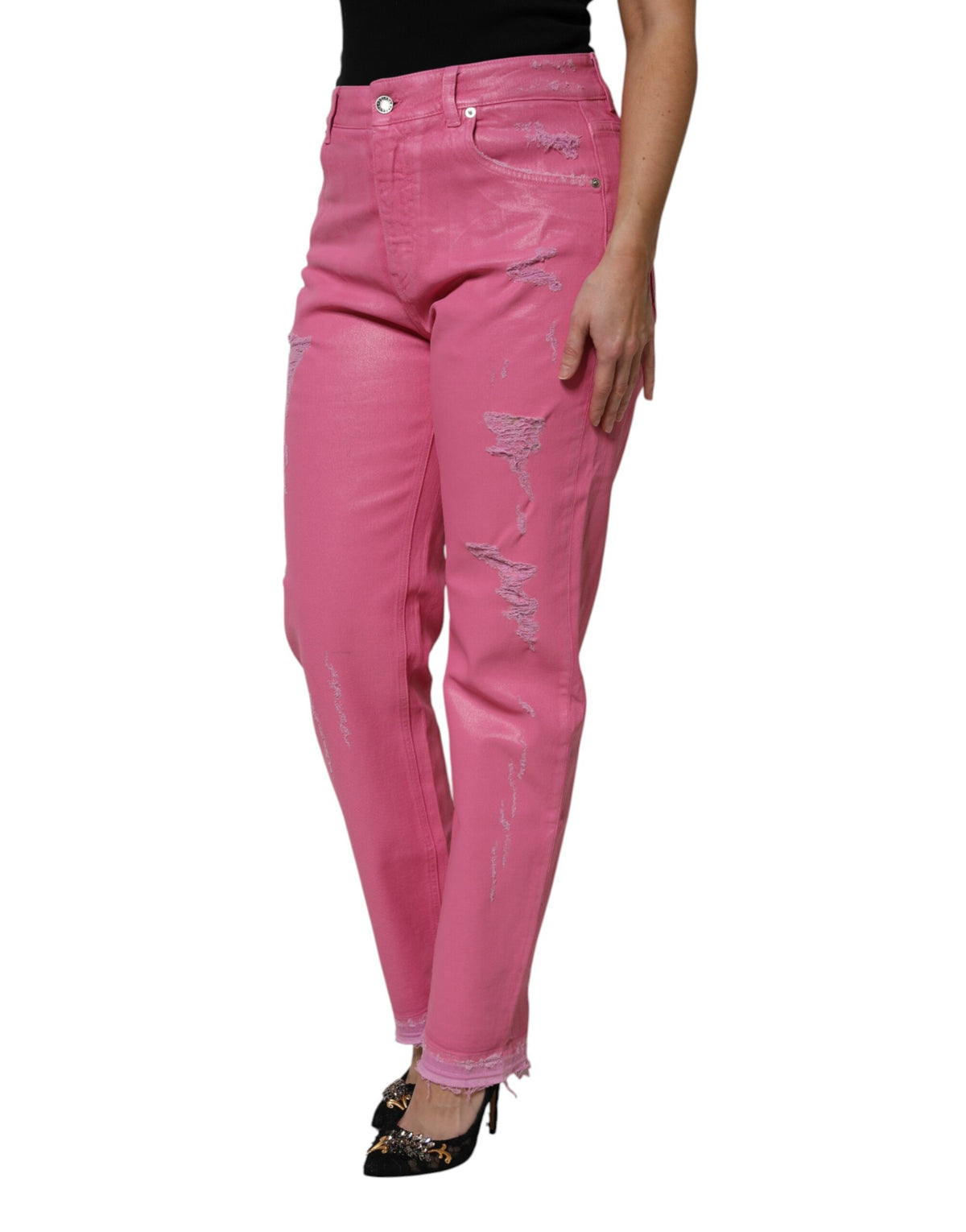 Dolce & Gabbana Pink Tattered Mid Waist Tapered Denim Jeans