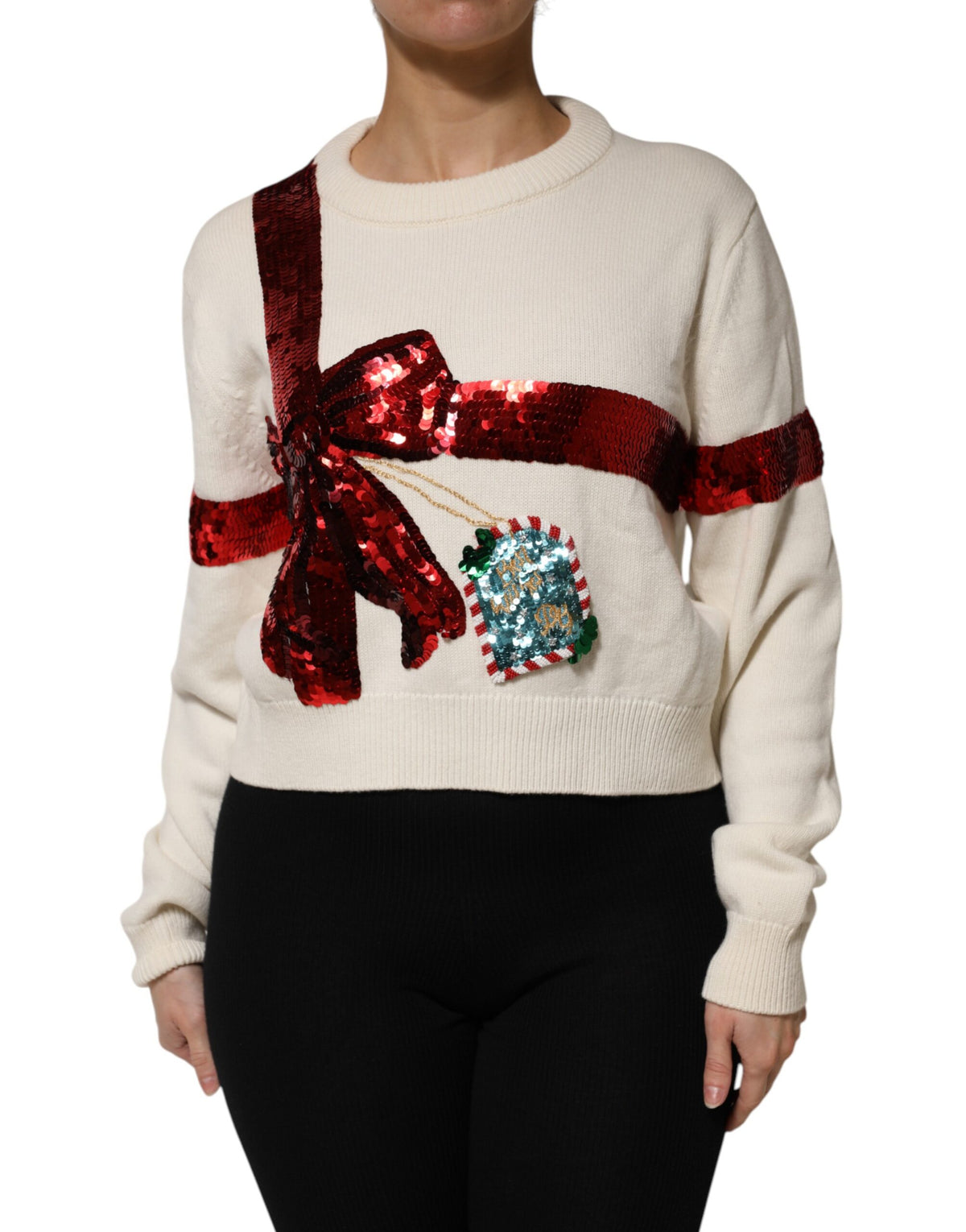 Dolce & Gabbana White Sequined Crew Neck Pullover Sweater